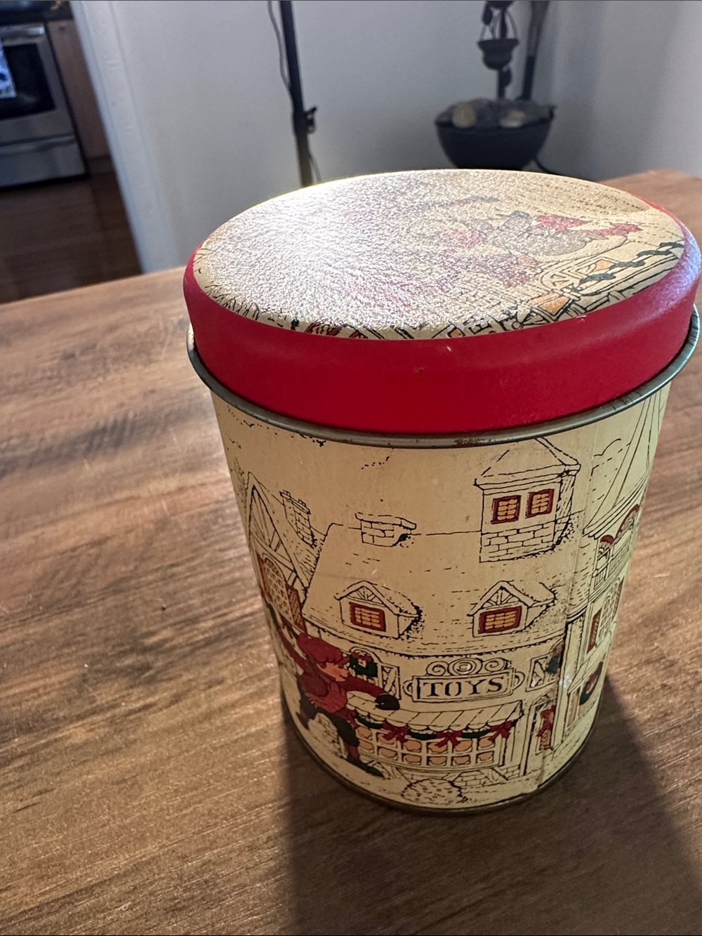 Vintage Holiday Toy Shop Tin with Red Lid
